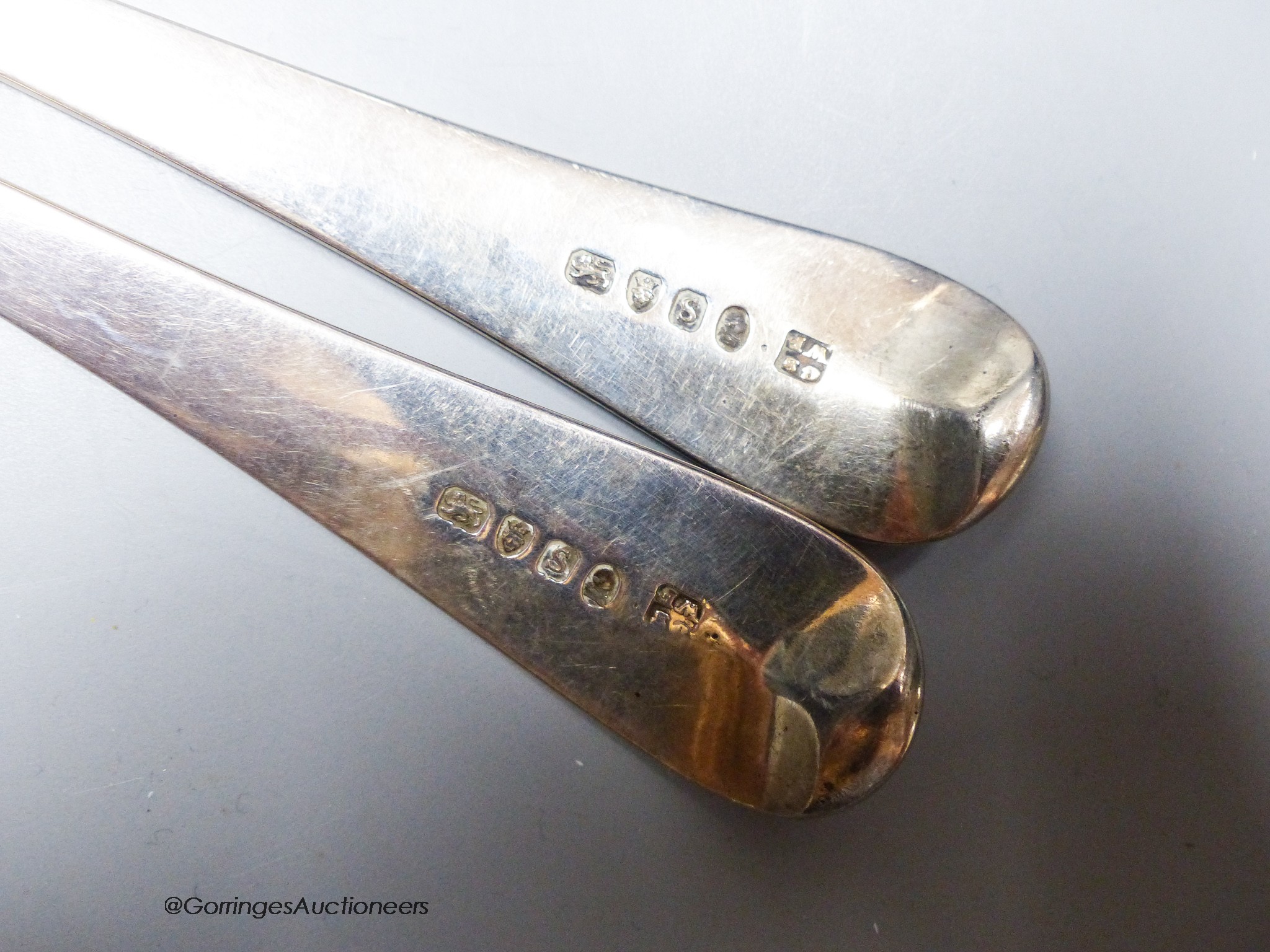 A pair of George III silver Old English thread pattern basting spoons, Smith & Fearn, London, 1793, 30cm, 6oz.